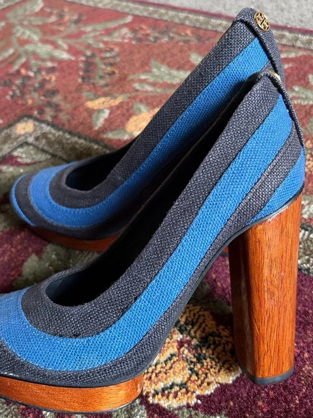 Tory Burch Blue and Navy Canvas Block Heel Pumps with Gold Logo